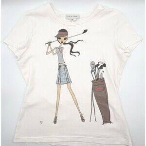 Celine White Graphic Tee w/ Girl Golfing Design Golf Vintage Y2K Sz M